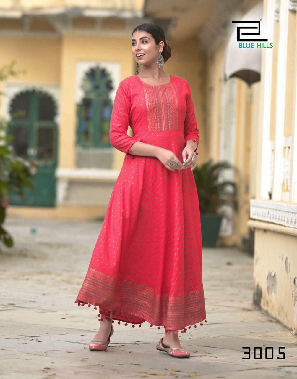 Blue Hills Pom Pom 3 Rayon Printed Ethnic Wear Long Anarkali Kurti Collection